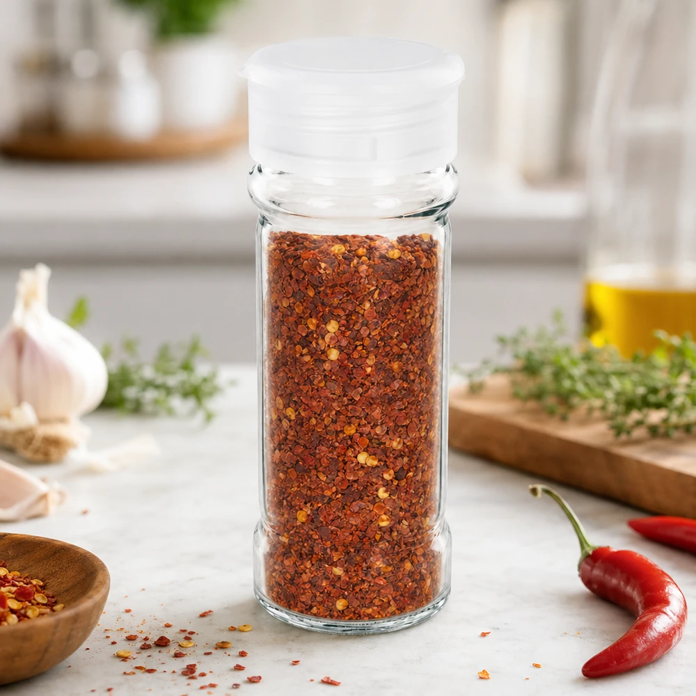 Pot à sel/épices 100 ml avec saupoudreuse, blanc Pot à épices de 100 ml rempli de flocons de piment, avec un couvercle verseur blanc