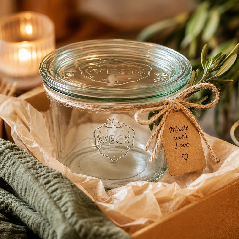 Bocal en verre de 370 ml avec couvercle en verre WECK RR100 WECK Pot de conservation 370ml RR100 emballé comme cadeau avec ruban en raphia et pendentif Made with Love dans une boîte cadeau