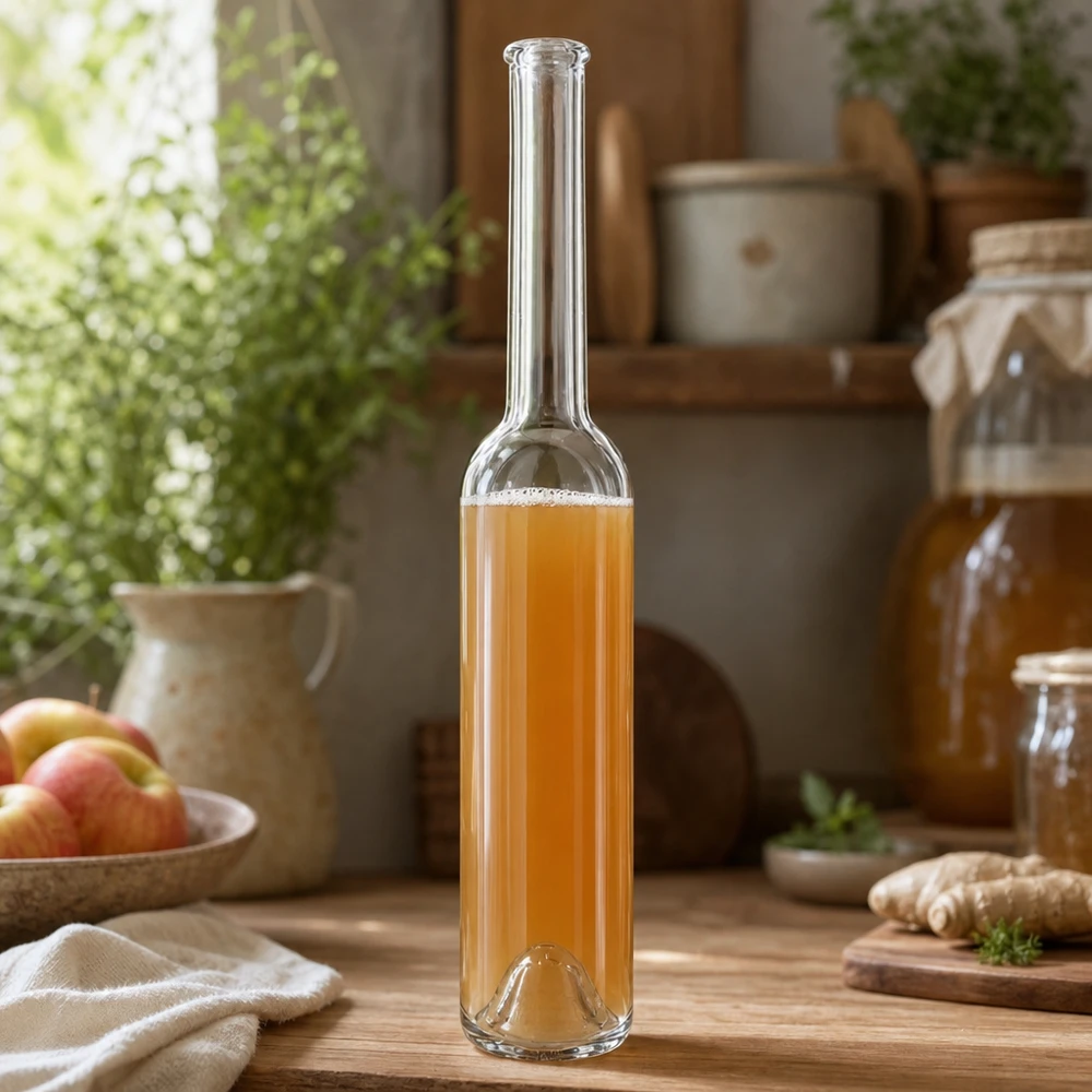 Bouteille en verre 100 ml « Hugo » sans bouchon UNiTWIST® Bouteille en verre transparente Hugo de 100 ml remplie de jus de pomme Setting de cuisine Boissons naturelles UNiTWIST Image du produit 9