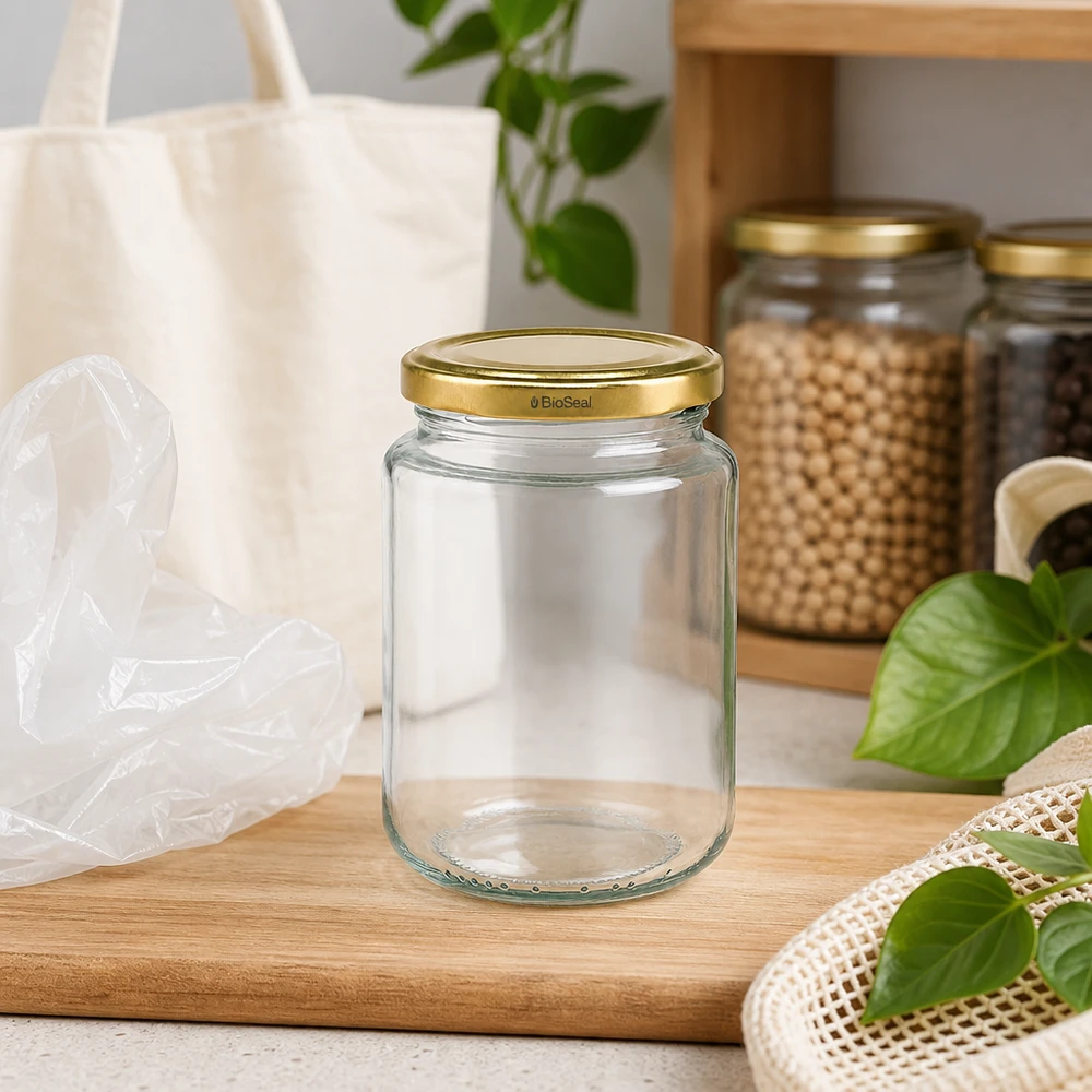 382ml Verre rond avec couvercle BioSeal or UNiTWIST UNiTWIST Runda382 Pot de conservation dans la cuisine Zero Waste, TO66 durable BioSeal couvercle or, planche en bois Ambiente