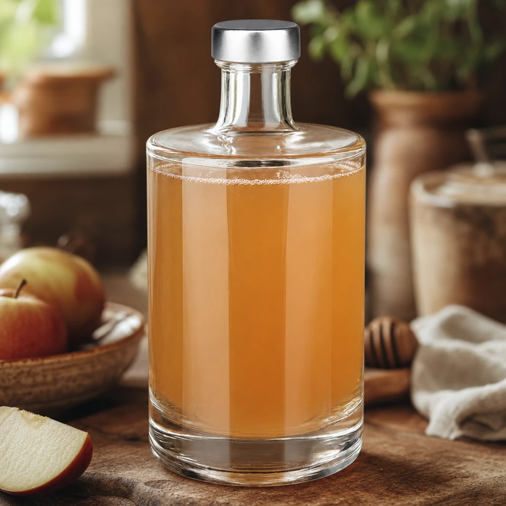 Bouteille en verre Sam de 500 ml remplie de jus de pomme à côté de pommes et de miel cuisine naturelle aspect bois chaleureux