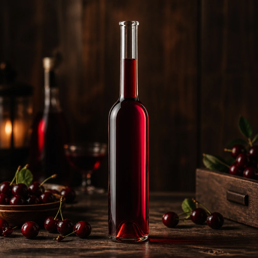 Bouteille en verre 100 ml « Hugo » sans bouchon UNiTWIST® Bouteille en verre de 100ml Hugo remplie de liqueur de cerise éclairage atmosphérique Eaux de vie de fruits Distillerie UNiTWIST Image du produit