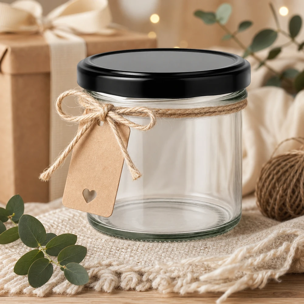 125ml Verre conique avec couvercle BasicSeal noir UNiTWIST Verre renversé de 125 ml avec couvercle noir comme idée de cadeau décoré avec une corde de jute et un pendentif en forme de cœur rustique