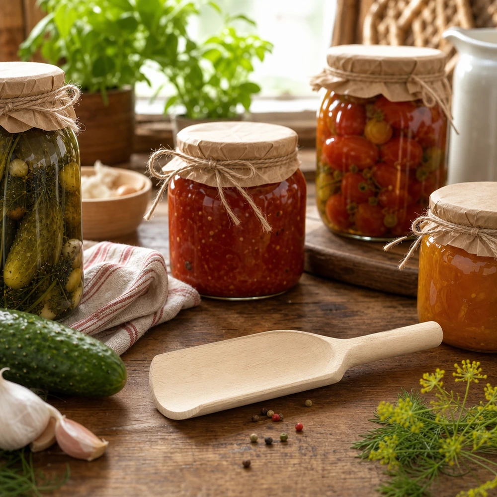 Pelle en bois taille L forme plate - 180mm de long Pelle en bois L 18cm dans une cuisine rustique avec des bocaux d'épices et d'herbes fraîches disposés de manière décorative