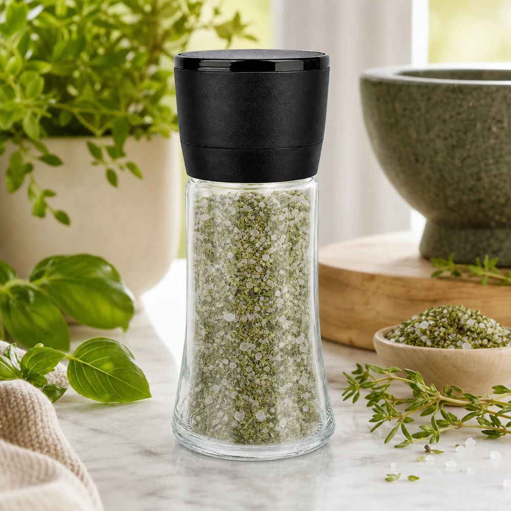 Moulin à sel aux herbes de 95 ml avec mécanisme de broyage noir « Vario » sur un socle en marbre blanc, orné d'herbes fraîches