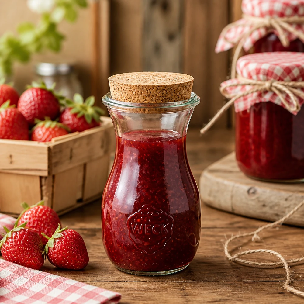 290ml Bouteille à jus de fruits WECK RR60 avec bouchon nature WECK Bouteille de jus 290ml avec bouchon remplie de confiture de fraises dans une cuisine rustique avec des fraises fraîches