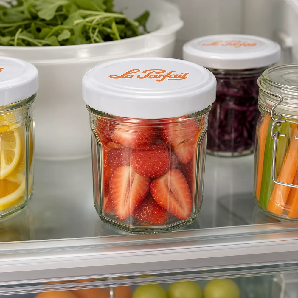 Le Parfait® Mini‑Jam 44 ml Ø48 mm pot Le Parfait Mini-Sturzgläser 44ml mit frischen Erdbeeren im Kühlschrank - praktische Aufbewahrung für Früchte