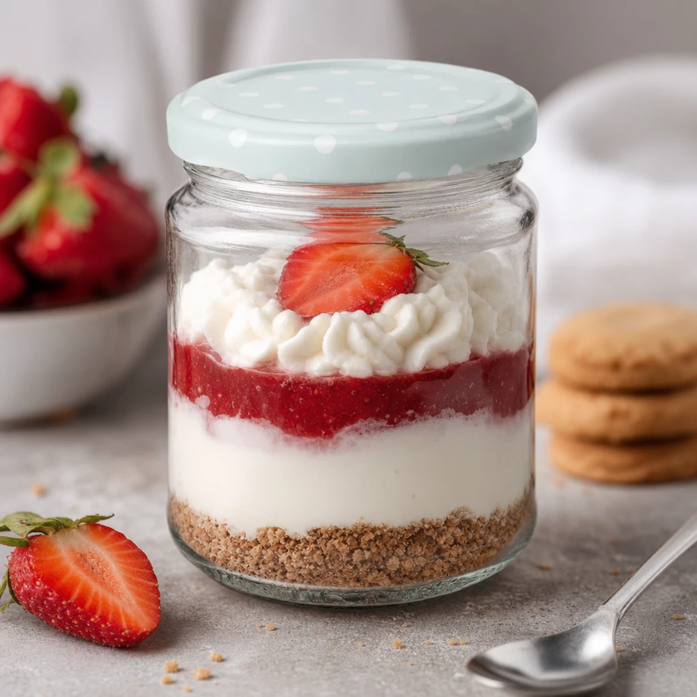 212ml Verre rond comme verre à dessert avec tarte aux fraises, menthe BasicSeal couvercle points, dessert en couches dans un verre avec de la crème