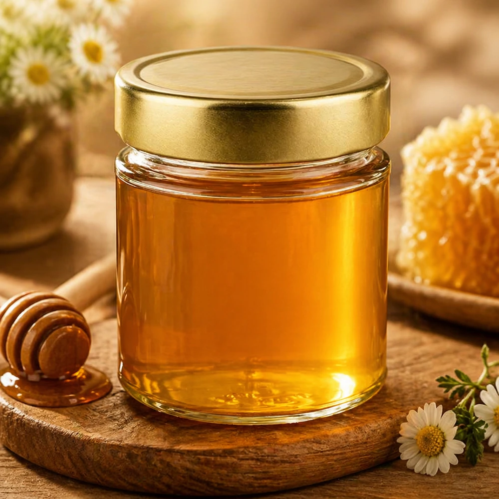 154ml pot rond avec couvercle doré rempli de miel pot de miel avec cuillère à miel fleurs produit naturel