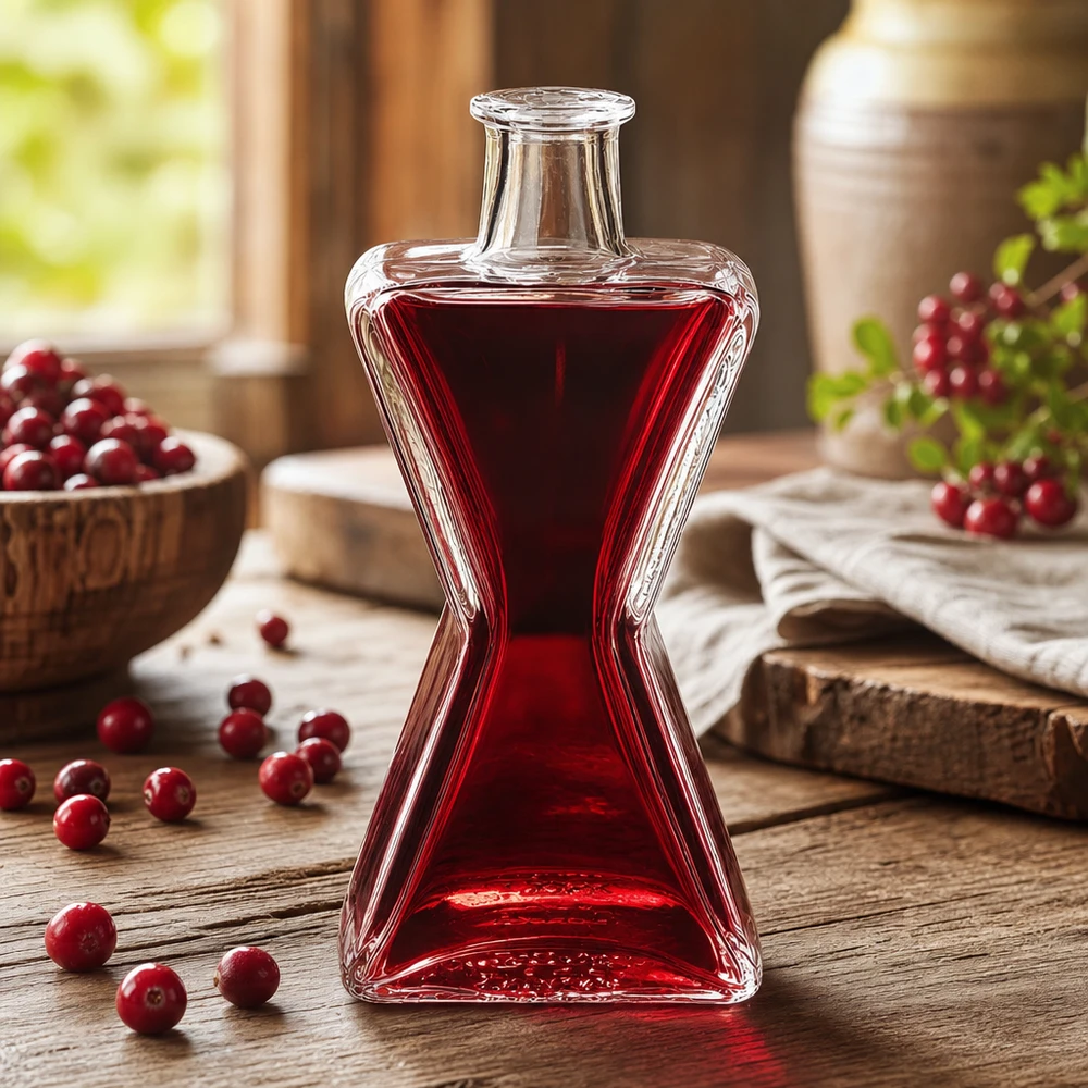 Bouteille en verre 200 ml « 200ml Glasflasche "Star" ohne Verschluss UNiTWIST » sans bouchon UNiTWIST® Bouteille en verre Star de 200 ml remplie de jus de cranberry rouge à côté de cranberries fraîches sur une table en bois rustique