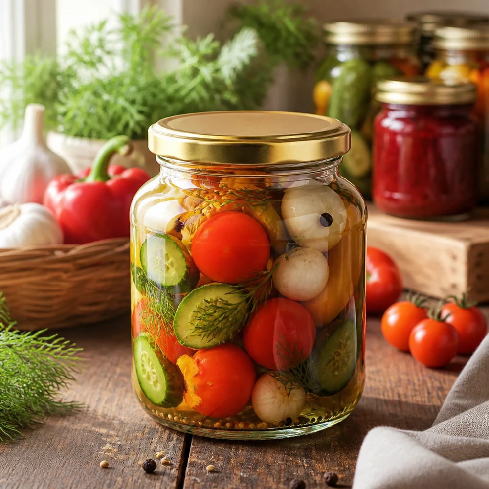 370ml Verre ovale avec couvercle BasicSeal or UNiTWIST 370ml bocal ovale rempli de légumes marinés - BasicSeal couvercle doré UNiTWIST pour la conservation et la mise en pot