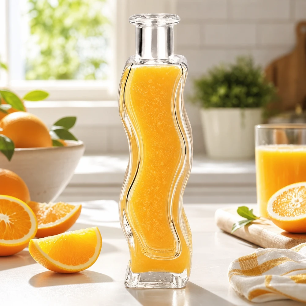 Bouteille en verre Melissa de 100 ml remplie de jus d'orange dans une cuisine lumineuse entourée d'oranges fraîches et d'agrumes