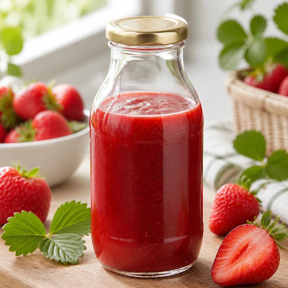 Bouteille en verre UNiTWIST de 250 ml contenant de la purée de fraises, avec un bouchon BasicSeal doré, présentée sur une planche en bois