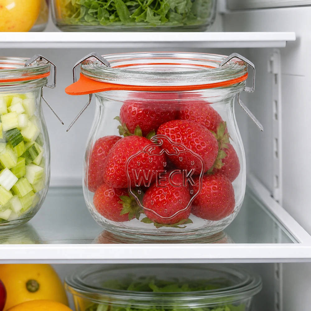 WECK Pot tulipe 75ml RR40 avec fraises fraîches dans le réfrigérateur pour une conservation optimale des fruits et des aliments
