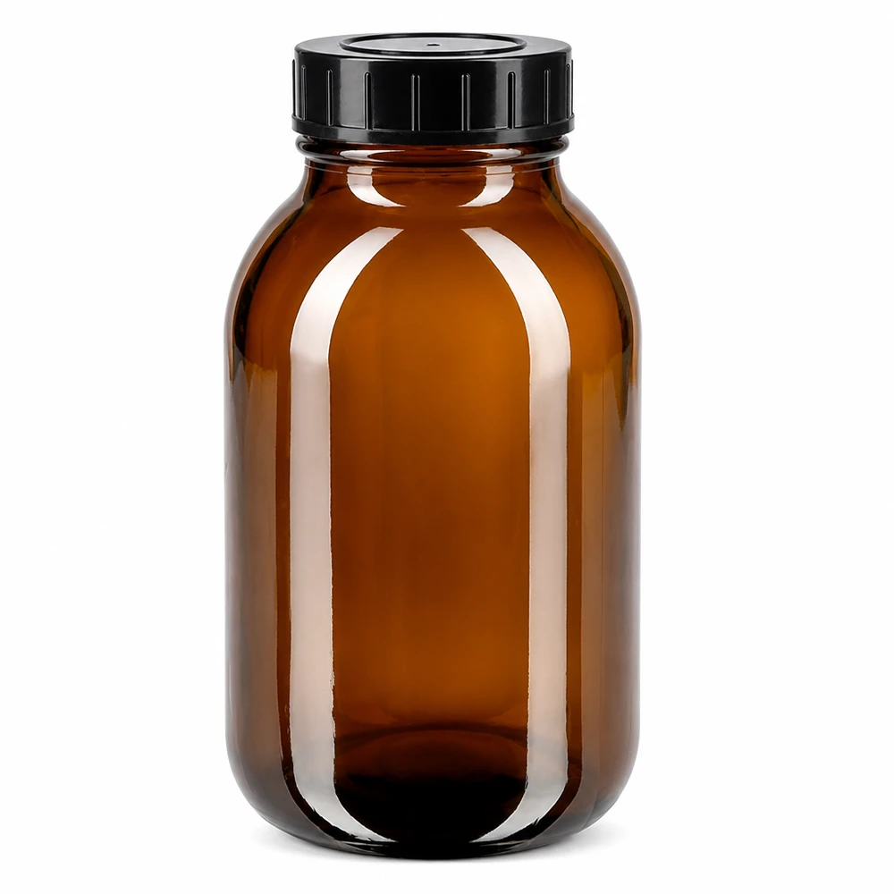 Bouteille à col large de 500 ml en verre brun avec bouchon à vis noir pour un stockage optimal