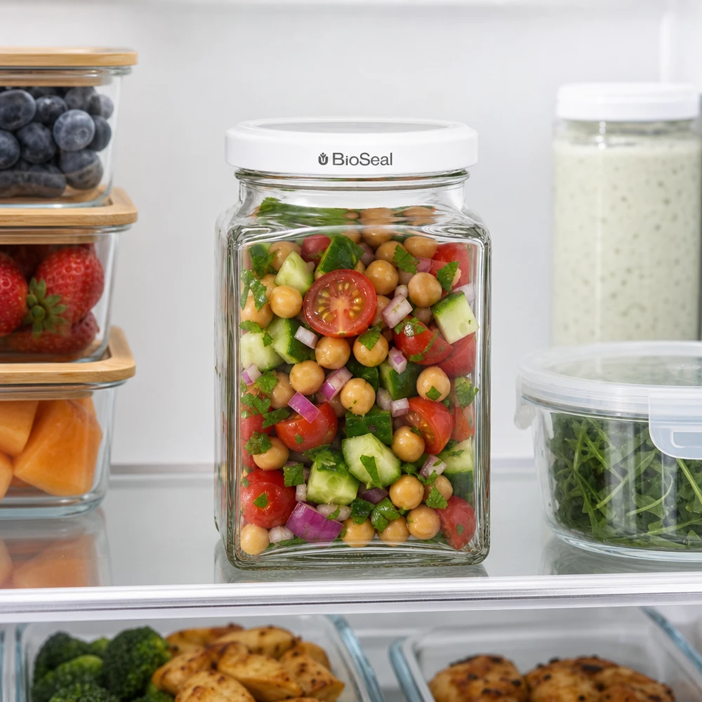 260ml Tetraglas avec couvercle BioSeal blanc UNiTWIST UNiTWIST Tetra260 Vorratsglas im Kühlschrank mit Kichererbsensalat weißer TO58 BioSeal Deckel frische Aufbewahrung