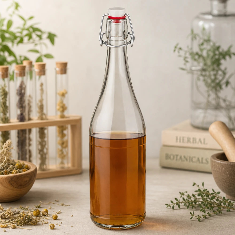 750ml Bouteille en verre avec bouchon à étrier remplie de tisane Herbes médicinales Botanique Nature morte Ingrédients naturels