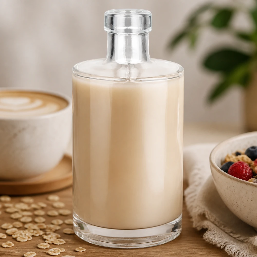 Bouteille en verre Marie de 350 ml remplie de lait d'avoine crémeux à côté d'une tasse à café et d'un bol à céréales Lifestyle Image 3 sur 10