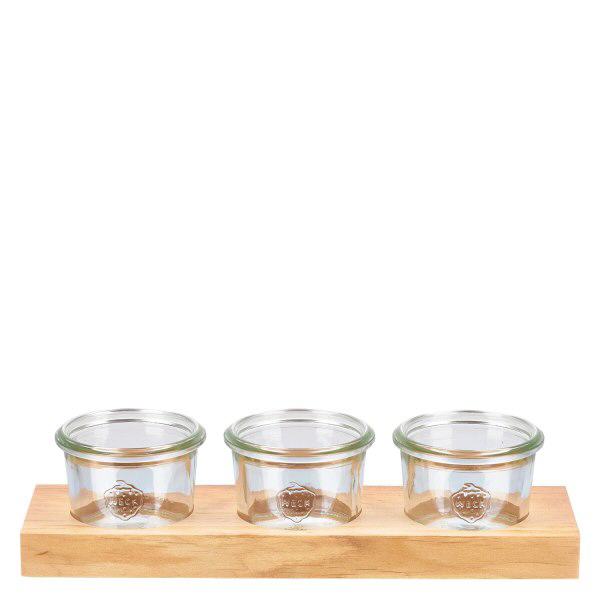 Planche de service Plano3 avec 3 pots renversés Weck 80ml