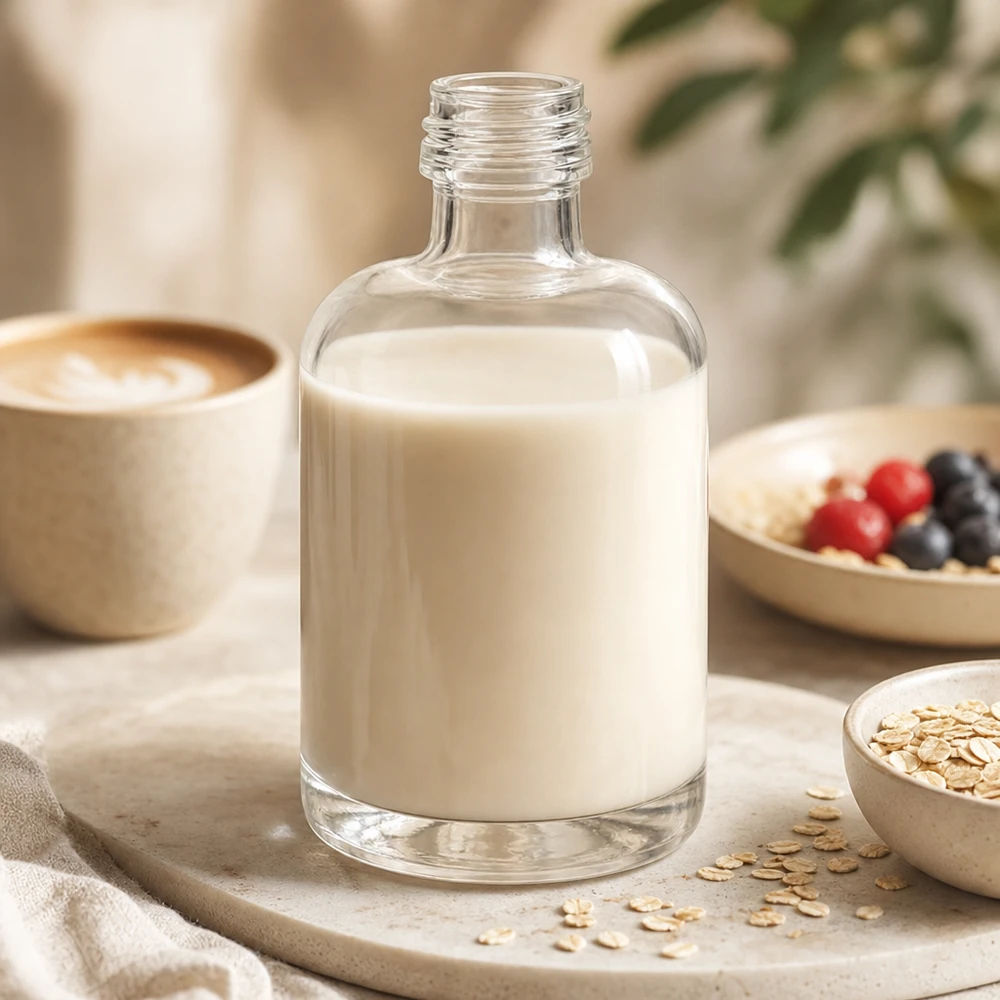 Flacon en verre 40 ml « Sara » sans bouchon à vis UNiTWIST® 40ml Glasflasche Sara mit cremiger Hafermilch befüllt in natürlicher Küchenszene mit Müsli und Kaffee ohne Verschluss