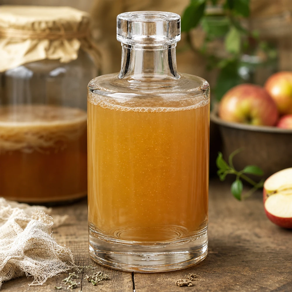 Bouteille en verre Marie de 100 ml remplie de jus de pomme à côté de pommes fraîches et d'un panier en bois rustique dans une scène de cuisine naturelle