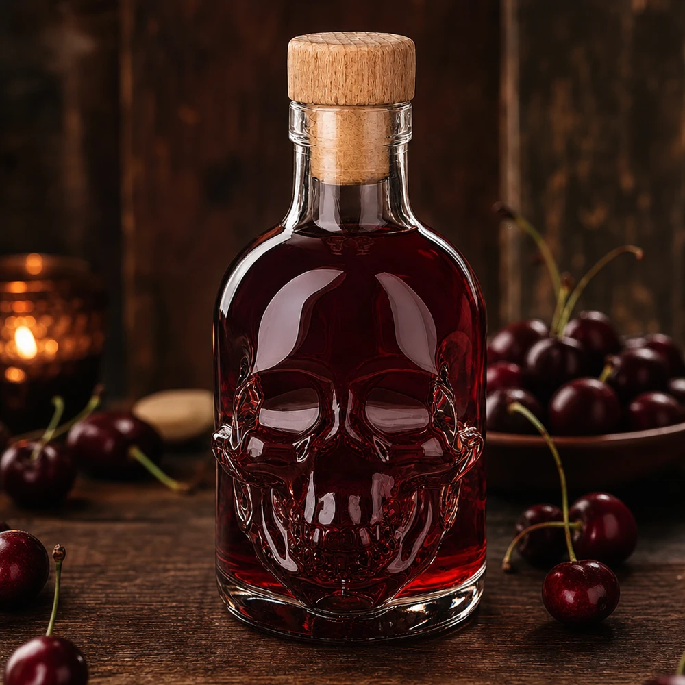 Bouteille en verre 200 ml « Jack » avec bouchon en bois UNiTWIST® Bouteille en verre Jack à tête de mort de 200 ml avec liquide rouge à la cerise et bouchon en bois, entourée de cerises fraîches
