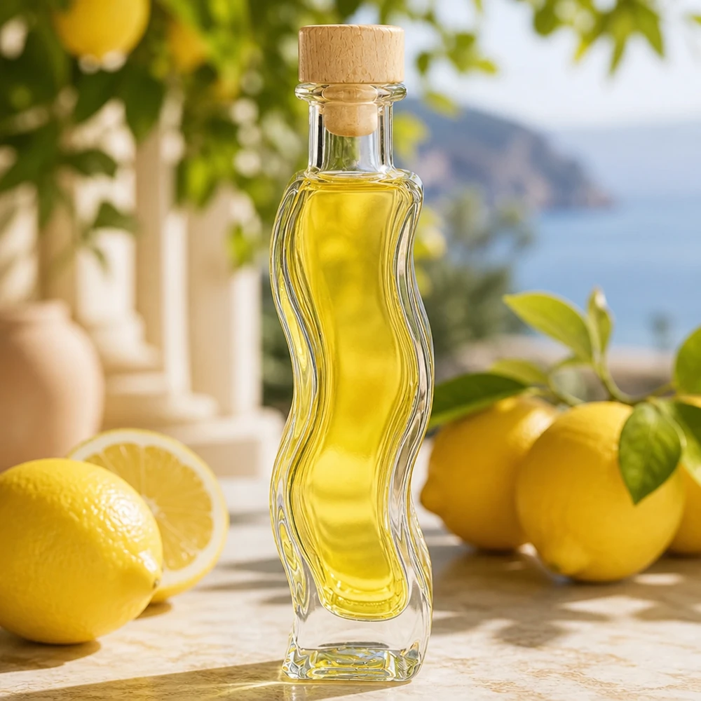 Bouteille en verre Melissa 100ml remplie d'huile jaune à côté de citrons atmosphère méditerranéenne bouchon en liège