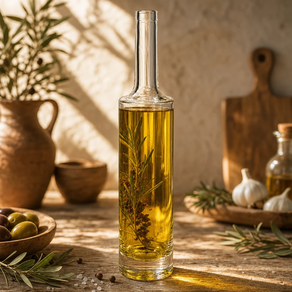 Bouteille en verre 500 ml « Rosa » sans bouchon UNiTWIST® Bouteille en verre rose de 500 ml remplie d'huile d'olive et d'herbes aromatiques cuisine méditerranéenne olives ail Photo du produit 8 sur 10