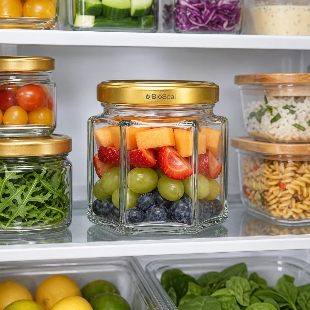 Pot à miel 60 g avec couvercle doré BioSeal UNiTWIST Pot de miel BioSeal de 60g avec couvercle doré dans le réfrigérateur rempli de fruits à côté de légumes et autres bocaux de stockage