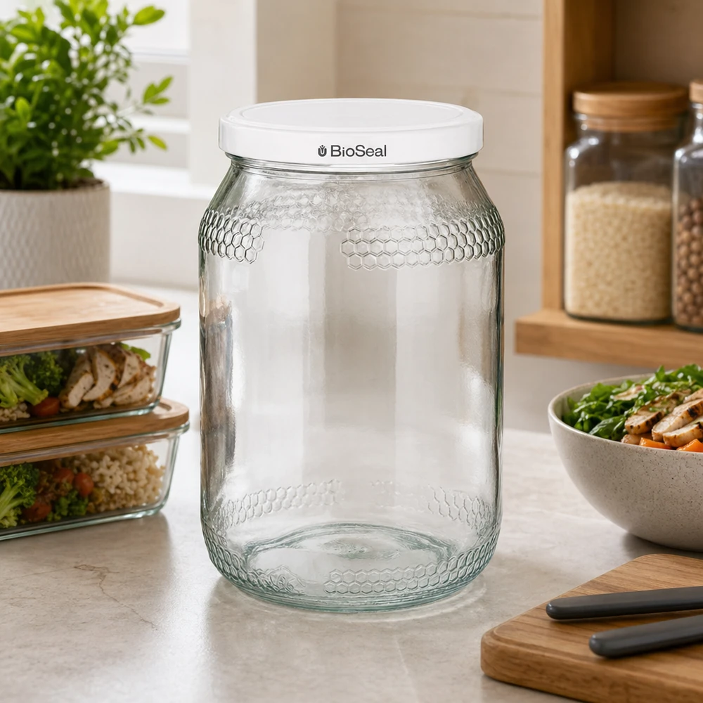Pot à miel 1260 g avec couvercle blanc BioSeal UNiTWIST Pot à miel vide de 900 ml avec couvercle blanc BioSeal dans une cuisine moderne à côté des bocaux à provisions et du saladier