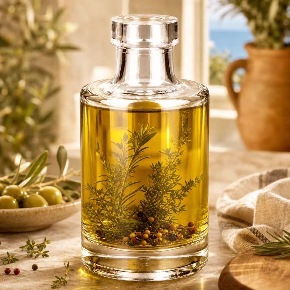 Bouteille en verre Marie de 100 ml remplie d'huile aux herbes et d'épices comme exemple d'utilisation pour la cuisine et la décoration