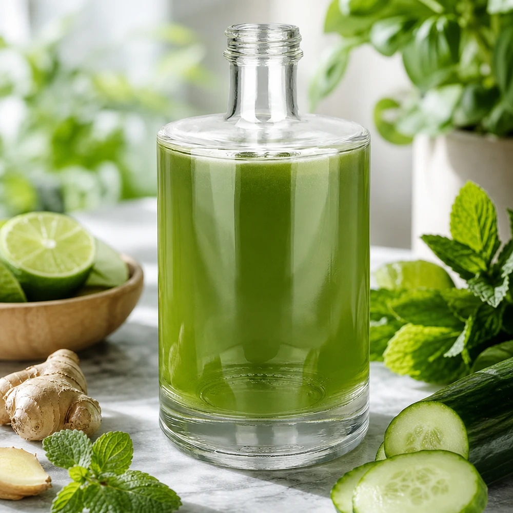 Bouteille en verre 500 ml « Sam » sans bouchon à vis UNiTWIST® Bouteille en verre de 500 ml Sam remplie de smoothie vert entouré d'ingrédients frais menthe concombre gingembre citron vert