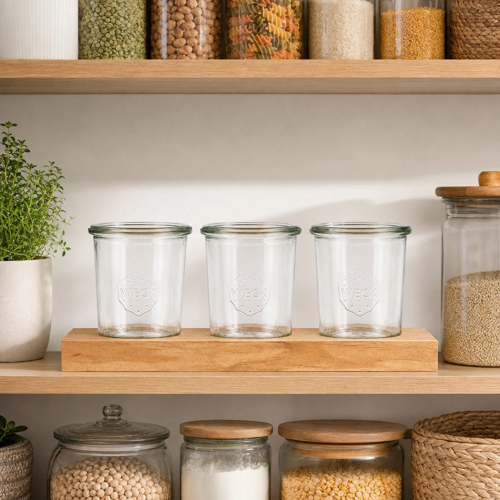 Pots Weck 160ml vides sur planche de service Plano3 dans une cuisine organisée avec des récipients à épices