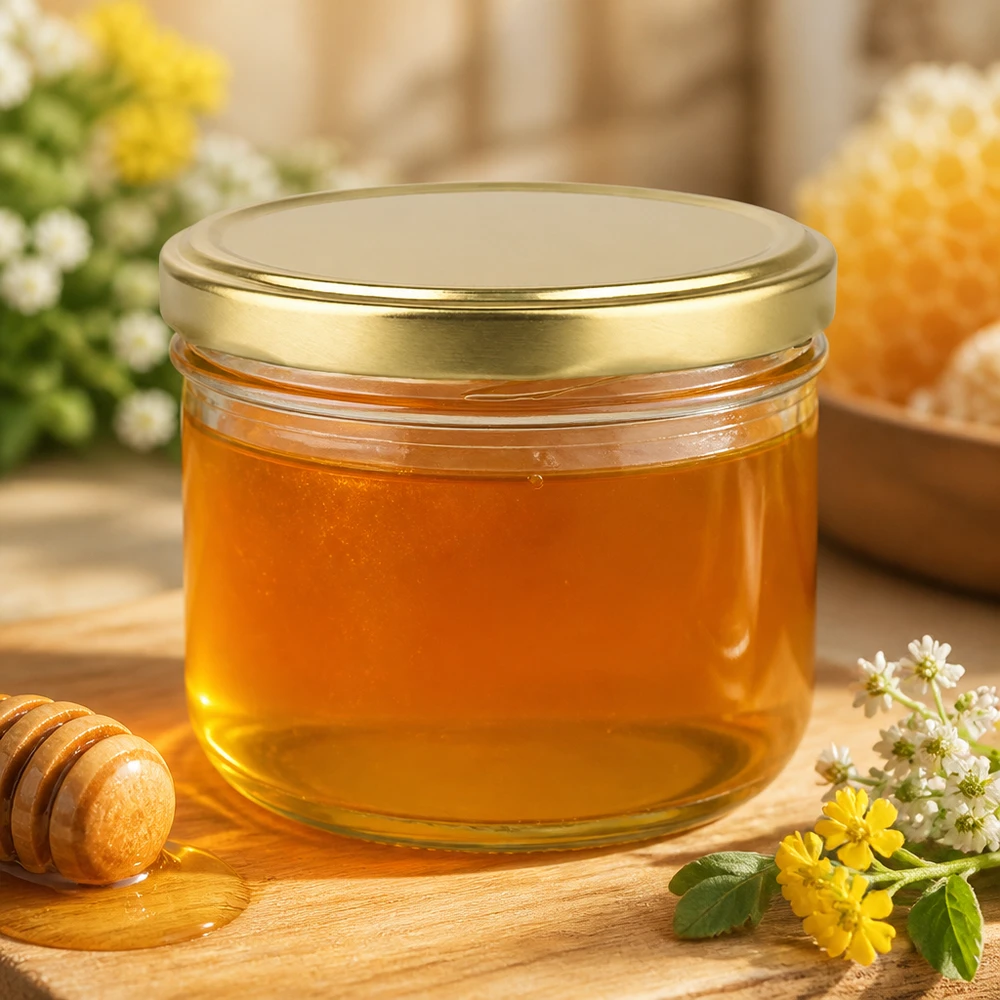 260ml pot rempli de miel montre BasicSeal couvercle doré UNiTWIST dans un environnement de cuisine naturel