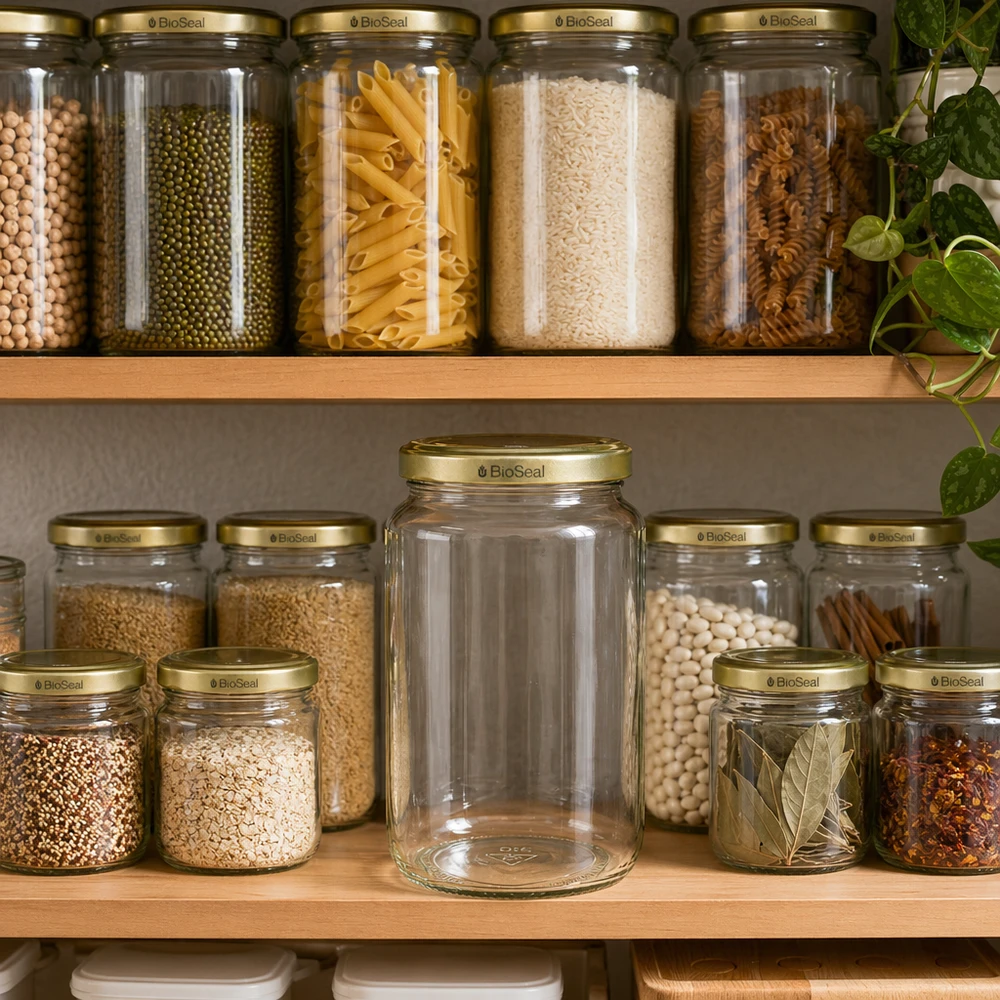 Pot à miel 1000 g avec couvercle doré BioSeal UNiTWIST 1000g de pot de miel BioSeal dans une cuisine organisée avec des pâtes, du riz et des épices montre une conservation parfaite de la cuisine