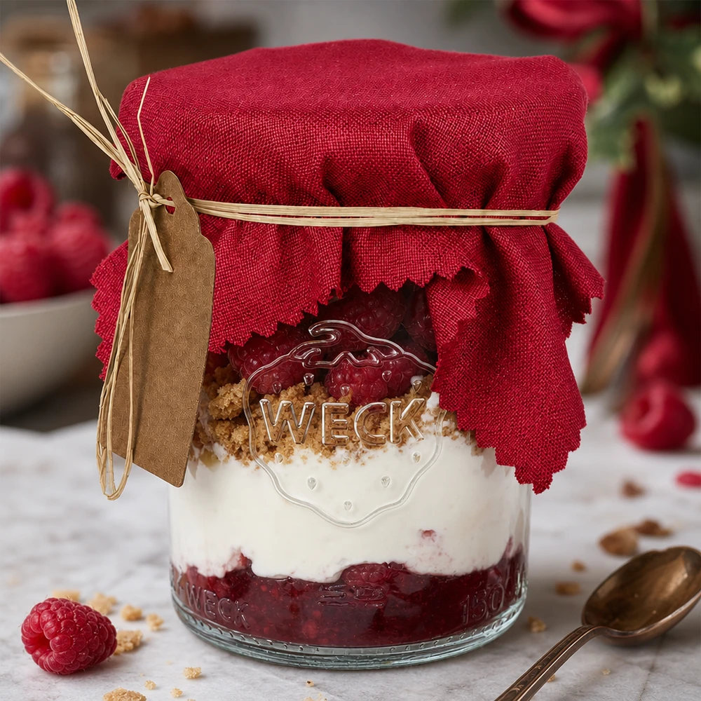 Bocal garni d’un dessert et décoré d’une couverture en tissu bordeaux