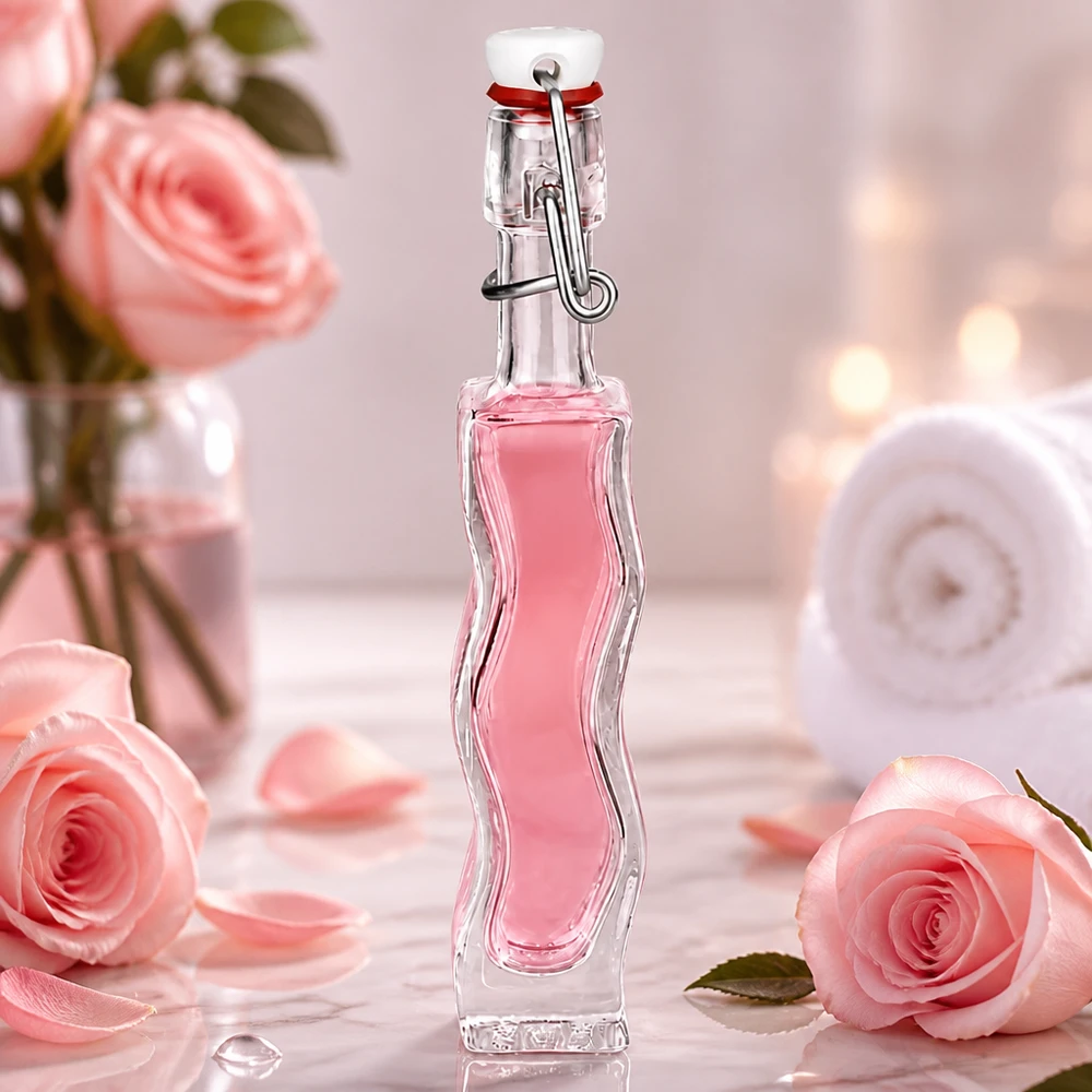 Bouteille en verre Anna de 40 ml avec liquide rose dans une ambiance romantique avec des roses et des tons pastels doux