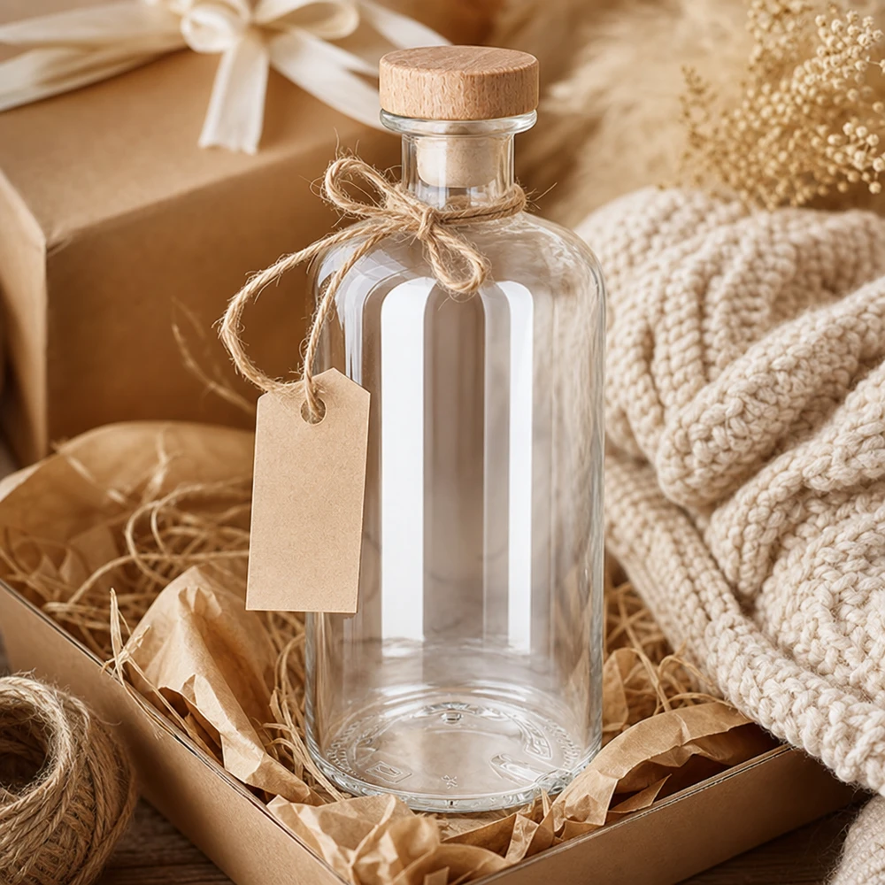 Flacon à pharmacie « Flora » 500 ml avec bouchon en bois UNiTWIST® Bouteille en verre Flora de 500 ml avec bouchon en bois et étiquette cadeau dans un emballage cadeau rustique avec corde de jute