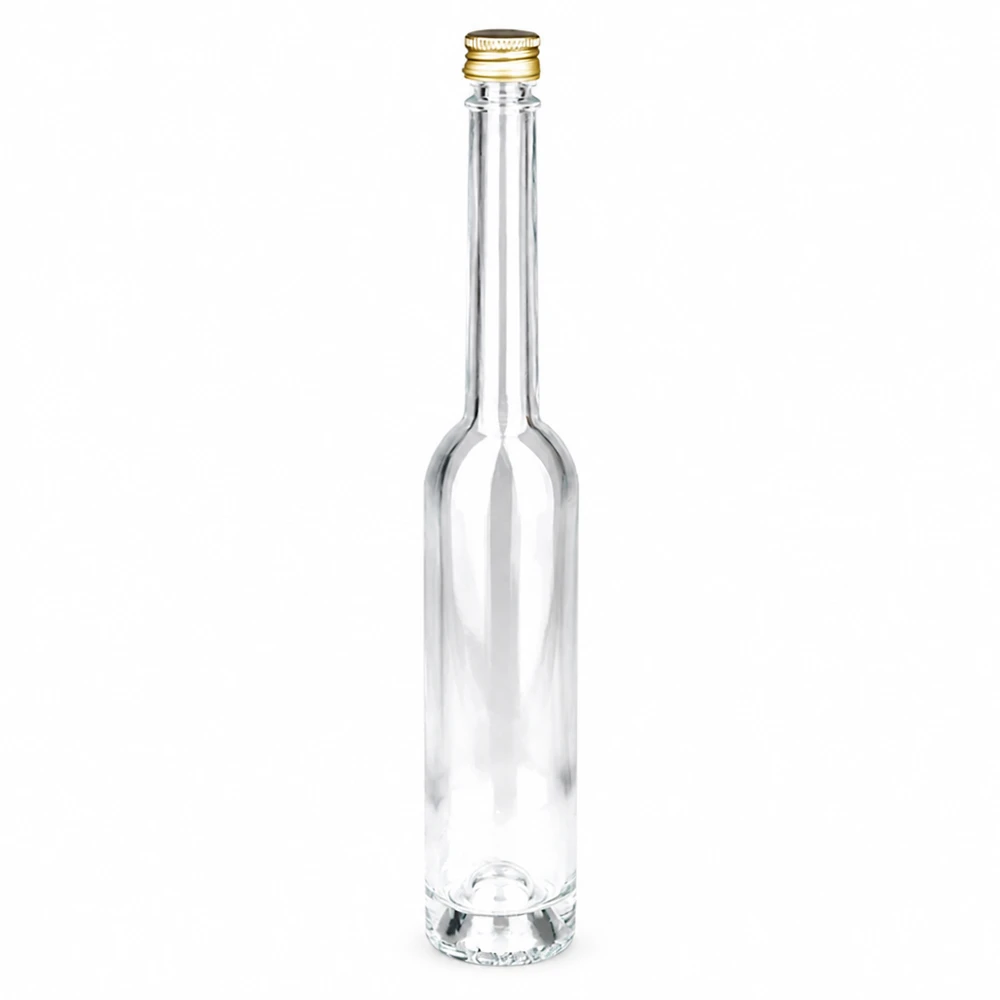 Bouteille en verre 100 ml « Toni » et bouchon à vis argenté UNiTWIST® Bouteille en verre Toni de 100 ml avec bouchon à vis doré UNiTWIST - verre clair, forme élancée, idéal pour les spiritueux