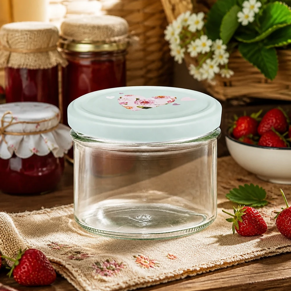Verres de 225 ml + couvercle BasicSeal cur menthe UNiTWIST Pot à confiture vide de 225 ml avec couvercle en forme de cœur BasicSeal menthe devant un décor rustique de pots à confiture avec des fraises