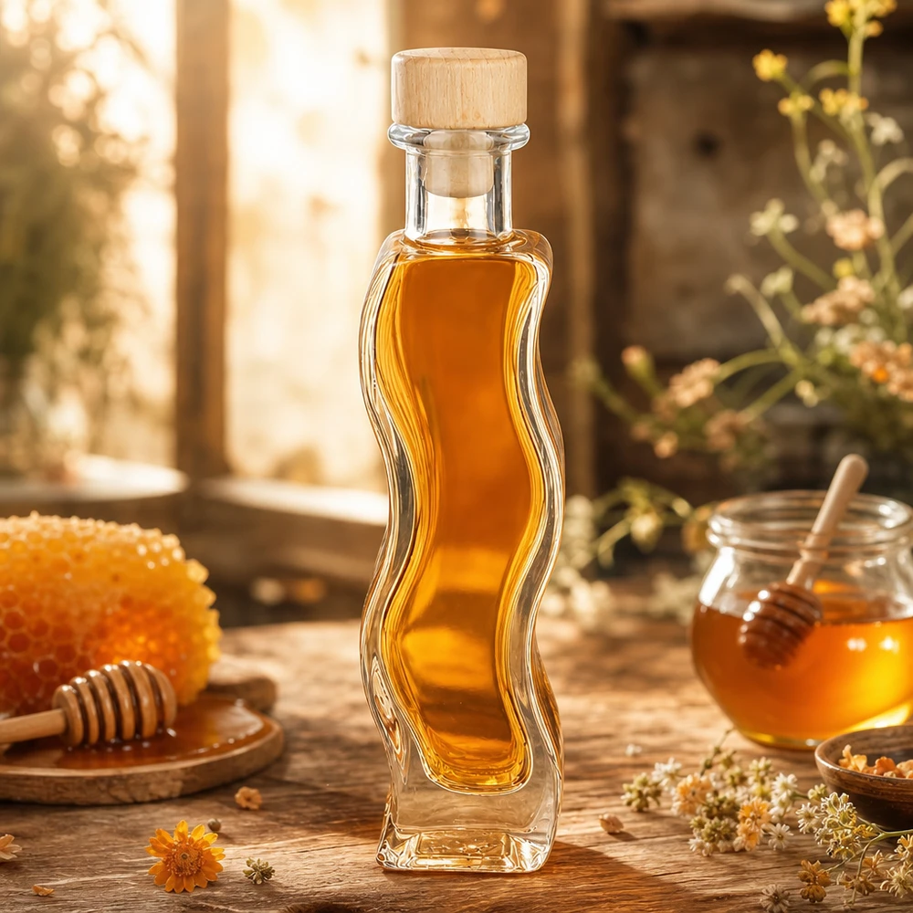 Flacon en verre « Melissa » 100 ml avec bouchon en bois UNiTWIST® Glasflasche Melissa 100ml mit Honig befüllt rustikale Küche Holzkorken Bienenwaben natürliche Dekoration