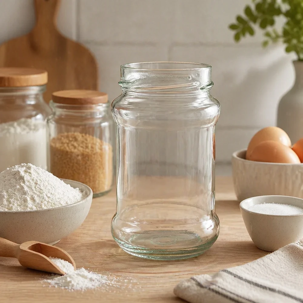 390ml Verre rond sans couvercle (TO66deep) UNiTWIST UNiTWIST Runda390 Bocal rond 390ml TO66deep Bocal vide sur planche en bois dans la cuisine avec des ingrédients de cuisson et des œufs