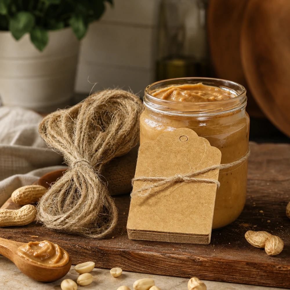 Pendentifs en papier kraft avec cordon de chanvre, disposés de manière décorative à côté de beurre de cacahuètes et de noix sur une table en bois.