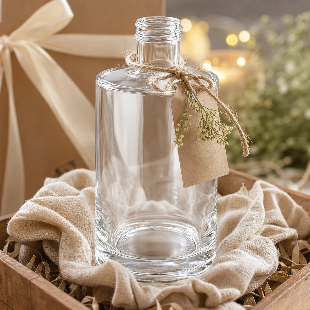 Bouteille en verre de 375 ml Sam vide dans une boîte cadeau avec un ruban et un pendentif, présentée de manière décorative comme set cadeau