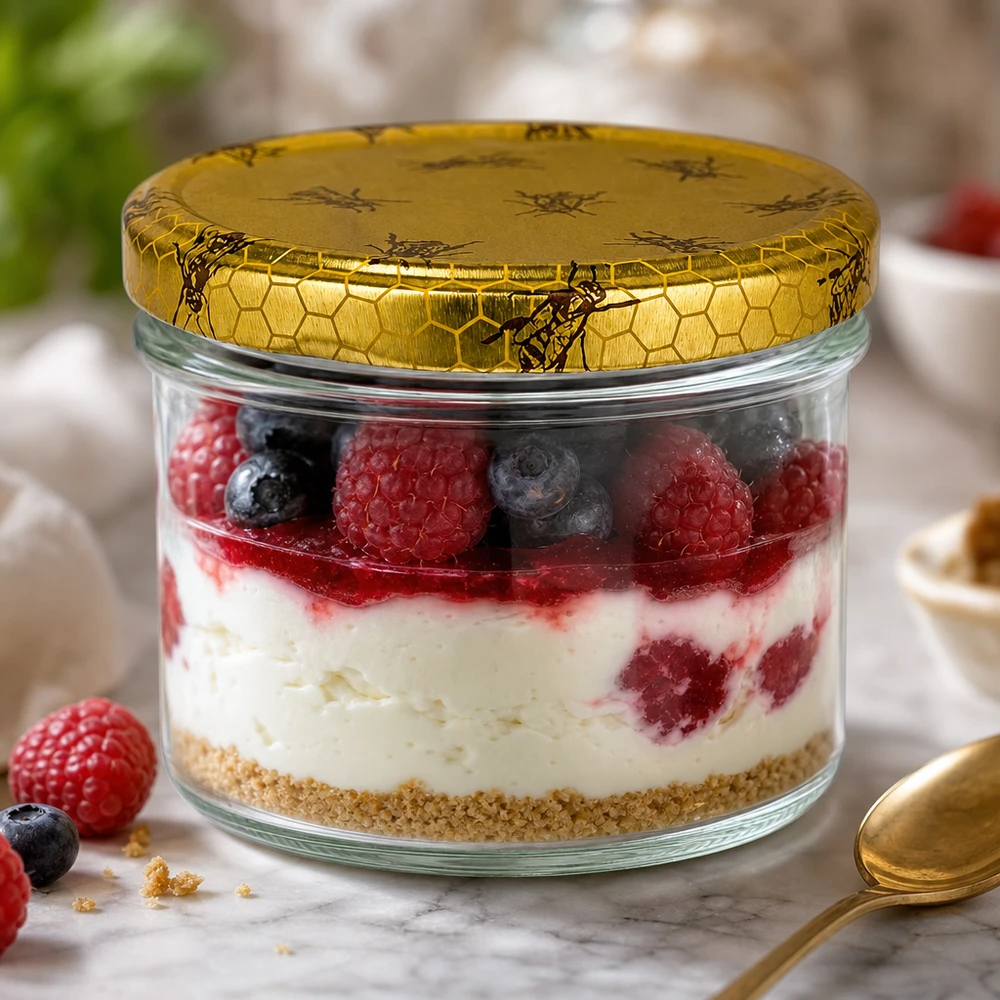 225ml verre renversé + couvercle BasicSeal nid d'abeille UN. Dessert Parfait en pot renversé de 225ml BasicSeal Couvercle en nid d'abeille avec baies Yaourt Verre à couches dessert