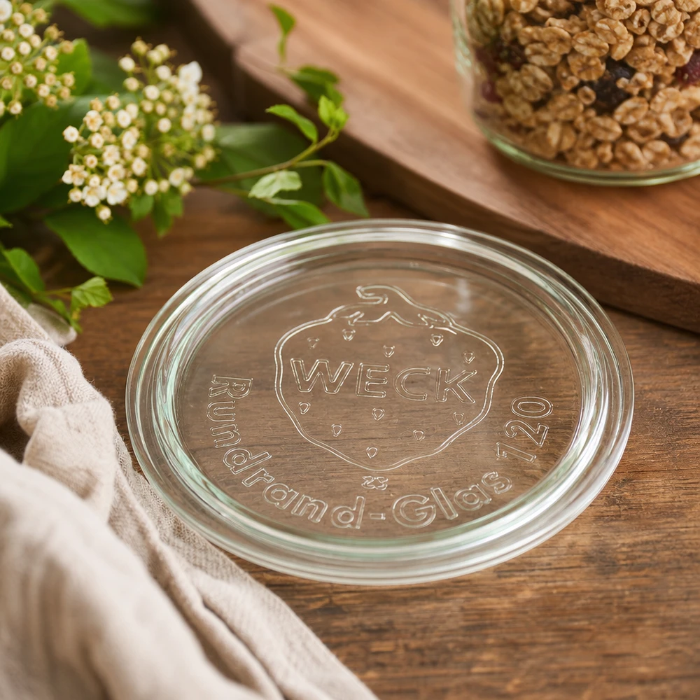 WECK Couvercle en verre RR120 Détail du logo en relief sur fond bois à côté de noix et de fleurs blanches