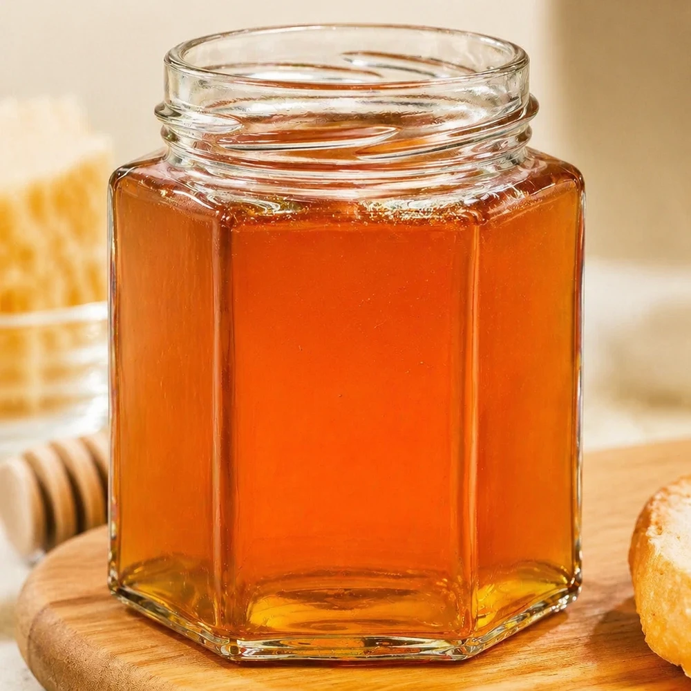 196ml Verre hexagonal sans couvercle (TO58) UNiTWIST UNiTWIST Hexa196 pot de miel hexagonal 196ml rempli de miel doré sur fond en bois
