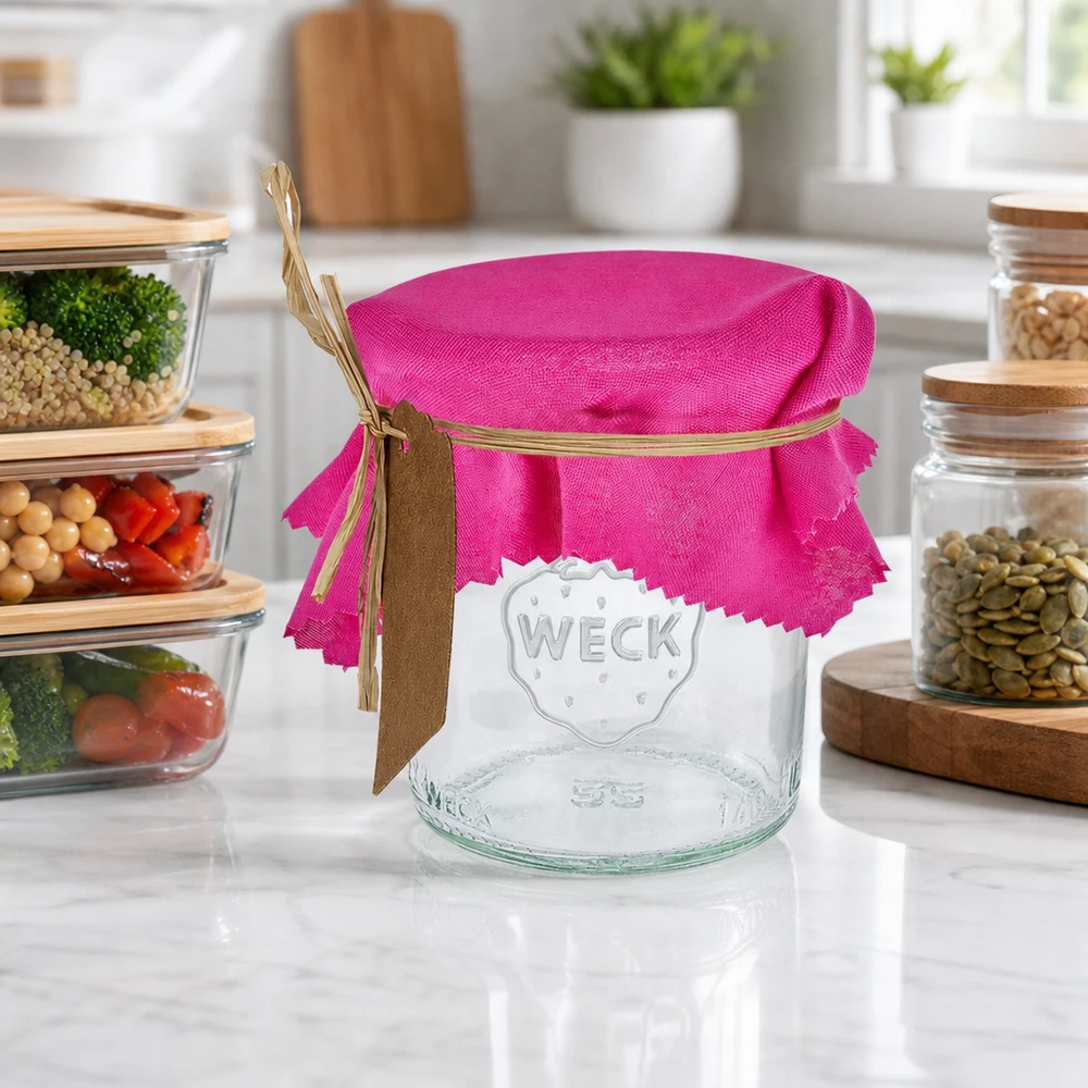 Cache-bijoux en tissu rose 12cm carré sur un bocal Weck vide avec ruban en raphia dans une cuisine moderne avec des bocaux à provisions