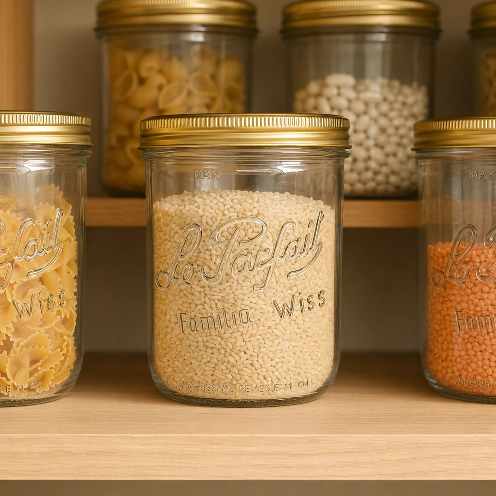 Le Parfait® Familia Wiss 1 kg Ø100 mm Bocal Pot de 1020ml Familia Wiss avec couvercle à visser rempli de céréales dans un bocal à conserves.