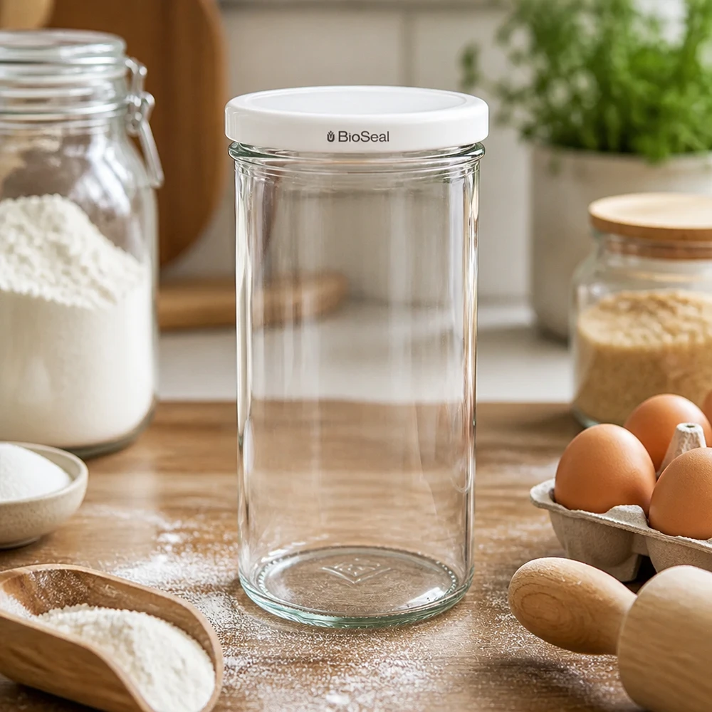 UNiTWIST Sturz277 bocal vide avec couvercle blanc TO66 BioSeal Table de cuisine Ingrédients de cuisson Œufs Farine Ambiance cuisine